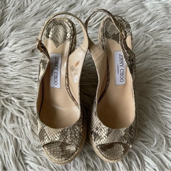 JIMMY CHOO Calfskin Snake Print Embossed Polar Beige Espadrille Sandal Wedges 37 - Picture 5 of 11